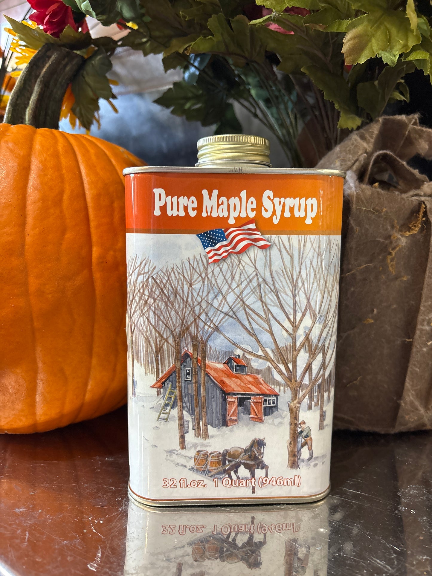 Pure VT Organic Maple Syrup - USA Vintage Tin Flask - Amber Rich Grade - 1 Pint or 1 Quart